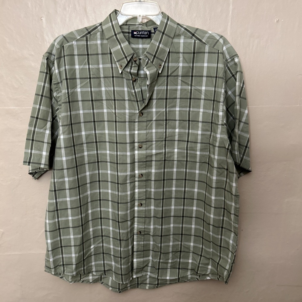 Mens XL Puritan Wrinkle‎ Resistance Sage Green Plaid Shirt